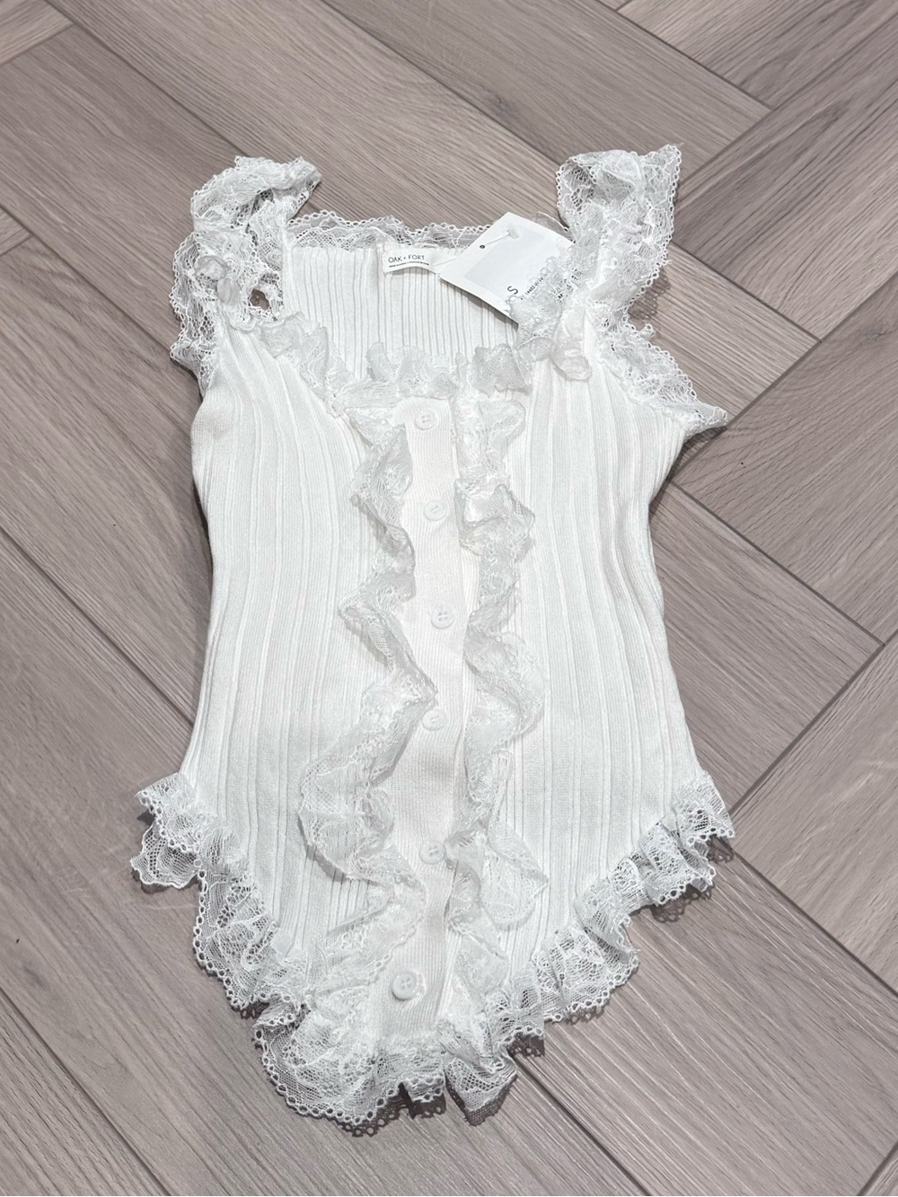 Oak & Fort White Lace-Trim Ribbed Bodysuit